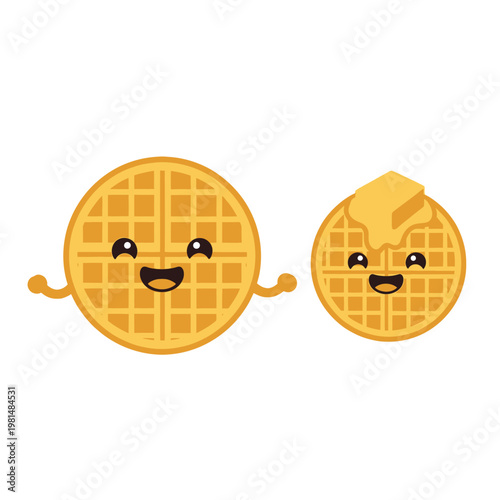 Cute Waffle Characters with Butter, Happy Breakfast Food Cartoon