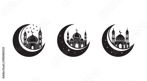 Black and white mosque icons with crescent moon and stars  Islamic architecture symbols  religion and spirituality graphics  mosque silhouettes with lunar crescent