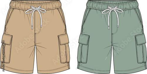 Men cargo shorts fashion flat sketch with drawstring elastic waistband and side flap pockets, apparel technical illustration template for streetwear clothing design mockup