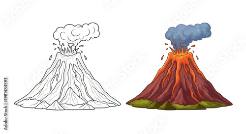 Volcano Eruption: Before and After Coloring Page and Full Color Illustration