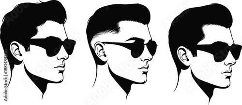 Men Hairstyles with Sunglasses Silhouette Set Showing Modern Male Haircuts and Fashion Style Profiles Isolated on White Background