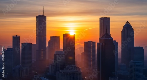 City skyline silhouettes against a vibrant sunrise.