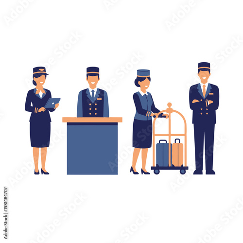 Hotel Staff Team: Receptionist, Bellhop, Concierge, Porter with Luggage Cart
