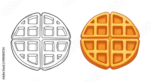 Waffle Outline and Colored Version - Breakfast Food Icon