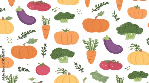 Various colorful fresh garden vegetables are displayed in a cheerful repeating pattern