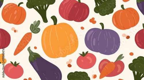 Colorful assortment of garden produce creates a playful repeating pattern on a light background.
