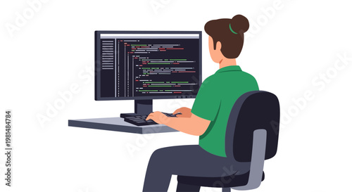 Programmer working on computer, coding on screen, software development, IT professional, desk setup