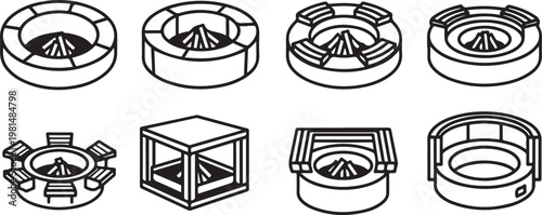 Miscellaneous objects including a violin, bird, and various containers on shelves Vector