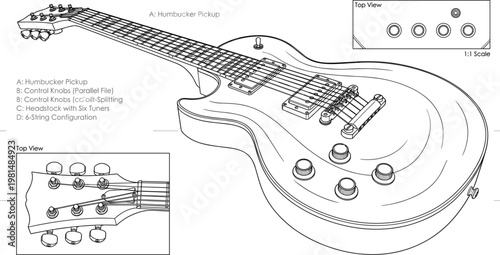 Electric guitar blueprint vector detailed line art with labeled components top view and headstock technical illustration.eps