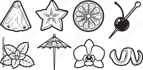 A collection of eight different types of flowers, plants, and fruits in detailed sketches Vector