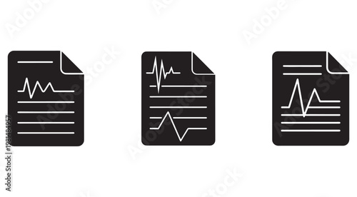 Black document icons with ecg heartbeat lines on white background  medical records and health data symbols