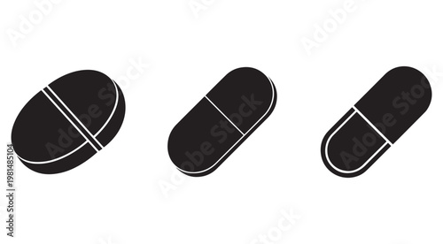 Black pills with white lines on white background  medicine capsules in different orientations