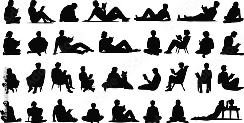 People Reading Books Silhouette Collection with Sitting, Relaxing and Studying Poses, Human Reading Activity Illustration Set Isolated on White Background