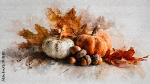 Two differently colored gourds rest beside a cluster of nuts and vibrant fall foliage presented with an artistic watercolor effect.