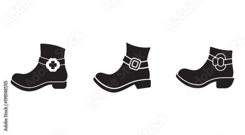 Black silhouette boots with buckles and straps on white background  footwear icons