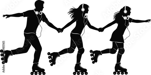 People Roller Skating with Headphones Silhouette Vector Illustration Friends Holding Hands Inline Skates Outdoor Activity Music and Fitness Lifestyle Concept