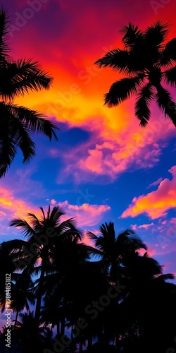 Palm trees silhouetted against a vibrant sunset sky,  calm water, palm trees