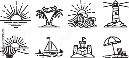 Varied subjects depicted in simple black and white line drawings Vector
