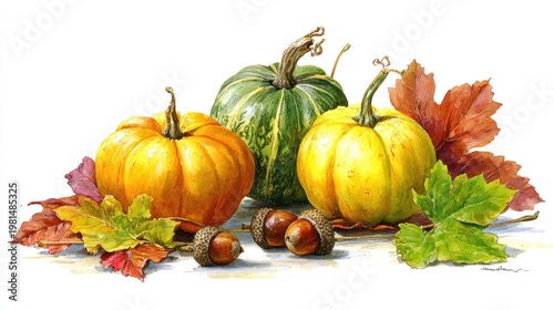Group of autumnal squash and colorful foliage rests with nuts against a white background