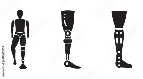 Black silhouettes of a person with prosthetic legs and two prosthetic legs on white background  medical technology and disability concept