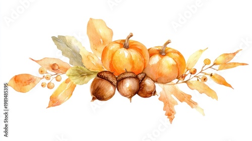 Hand painted watercolor arrangement featuring gourds, nuts, and foliage in warm seasonal colors