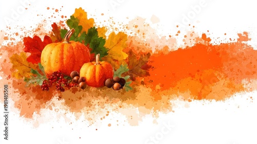 Two vibrant orange gourds rest among colorful foliage and nuts against a watercolor splash background.