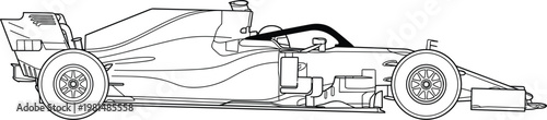 Formula racing car vector side view detailed line art single seater motorsport vehicle aerodynamic design illustration.eps