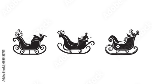 Blackandwhite Christmas sleigh silhouettes with decorative elements and snowflakes on white background for holiday designs and festive decorations