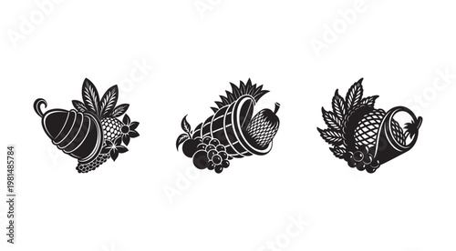 Blackandwhite cornucopia illustrations with fruits and leaves  symbolizing abundance and harvest  decorative elements for Thanksgiving or fallthemed designs