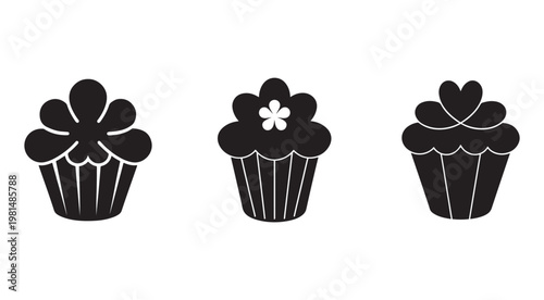 Blackandwhite cupcake icons withdifferentfrostingtoppings  threeillustrations