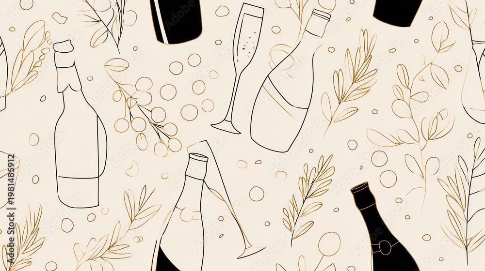 Fototapeta premium Elegant pattern featuring outline illustrations of sparkling wine bottles, flutes, and botanical elements on a light background