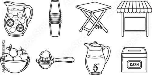 Assorted vintage household items and antiques in simple line drawings Vector