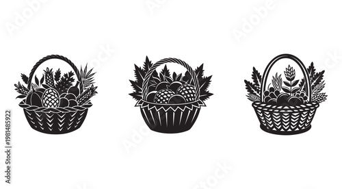 Blackandwhite illustrations of baskets filled with fruits and leaves  three baskets with various fruits and leaves