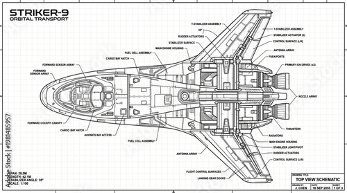 Futuristic spaceship blueprint vector top view detailed sci fi orbital transport schematic with labeled components technical illustration.eps