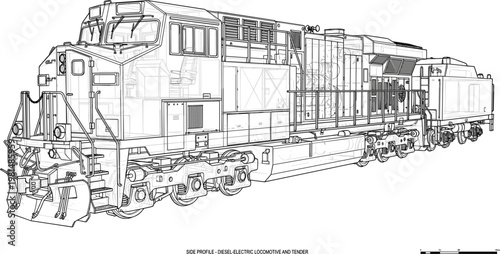 Heavy duty diesel locomotive train vector detailed line art with mechanical components industrial railway transportation illustration.eps
