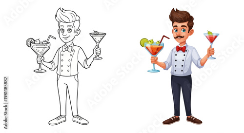 Smiling Bartender Holding Cocktails, Professional Barman Serving Drinks, Colorful Illustration