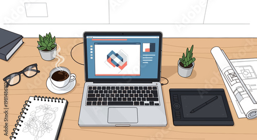 Graphic designer workspace with laptop and drawing tablet on wooden desk