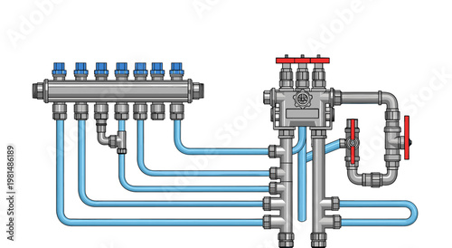 Professional underfloor heating manifold system, plumbing water pipes illustration