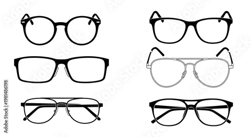 Collection of Six Different Eyeglasses Styles, Black and White Vector Illustrations