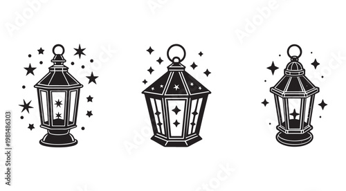 Blackandwhite lanterns with stars around them  festive lanterns with sparkling stars  decorative lanterns with starry night effect