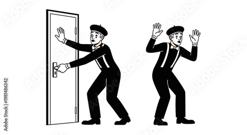Mime artist opens door, surprised by unseen force, black and white illustration