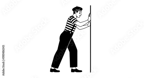 Mime Artist Pushing Invisible Wall, French Street Performer in Striped Shirt and Beret