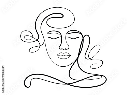 Minimalist line art drawing of a womans face with closed eyes and curly hair design on white background