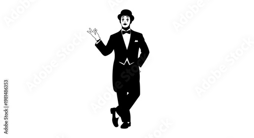 Mime Artist in Tuxedo Performing with White Gloves and Bowtie