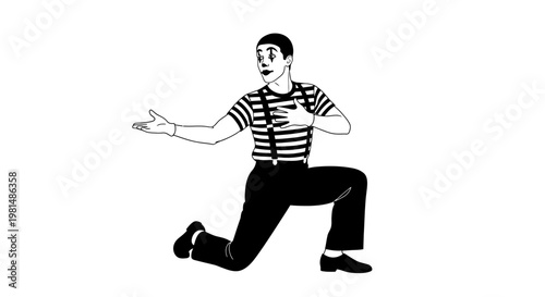 Mime artist performing, kneeling pose, striped shirt, suspenders, black pants