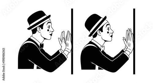 Mime Artist Pushing Invisible Wall, Expressing Frustration and Effort