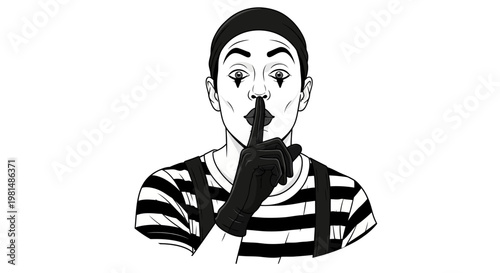 Mime artist with finger on lips, shushing gesture, black and white illustration