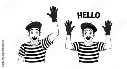 Mime Artist Waving Hello, Black and White, Expressive Face, Performance Art