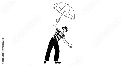 Mime Artist with Umbrella Floating in Air, Black and White