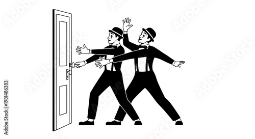 Mime artists opening a door, illusion of walking through a wall, comedy duo